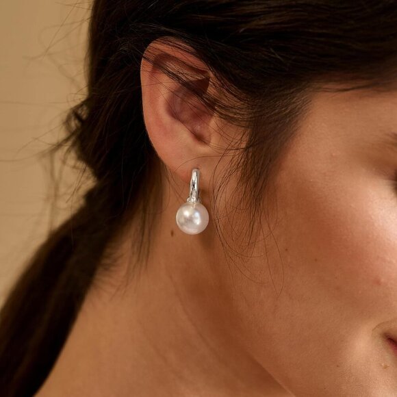 925 Sterling Silver Dainty Freshwater Pearl Small Hoop Drop Dangle  Earrings - Picture 2 of 9